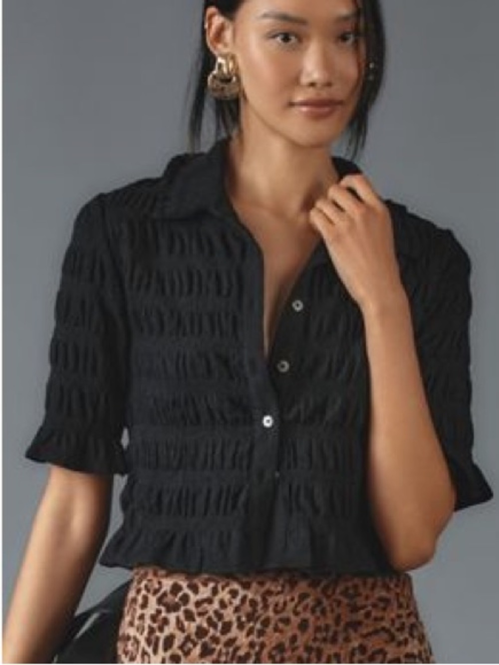 Maeve Black Smocked Short Sleeve Button-Down Shirt